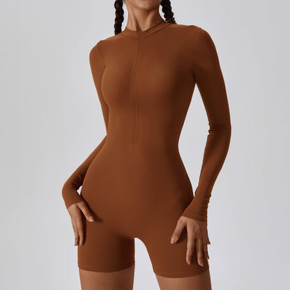 Open Collar Long-sleeve Zipper One-piece Dance Fitness Sports Jumpsuit Tight Yoga Clothes