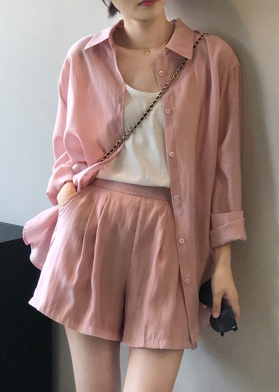 Pieces Shorts Up Lace Two Set Shirts Silk Pockets Pink and Loose