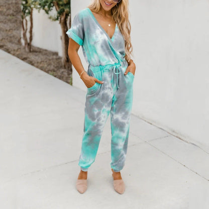 Tie Dyed Printed V Neck Short Sleeved Jumpsuit