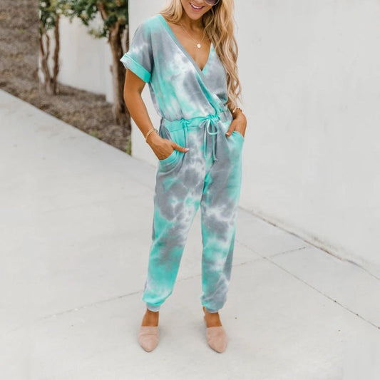 Tie Dyed Printed V Neck Short Sleeved Jumpsuit
