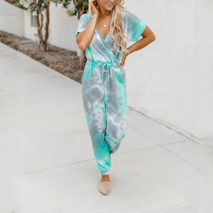 Tie Dyed Printed V Neck Short Sleeved Jumpsuit