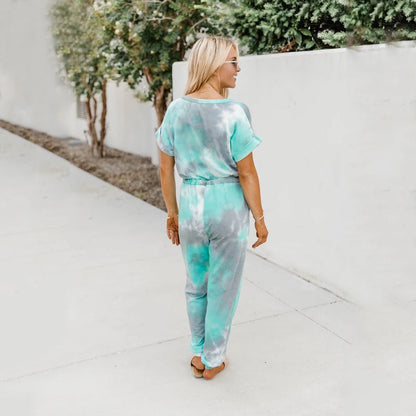 Tie Dyed Printed V Neck Short Sleeved Jumpsuit