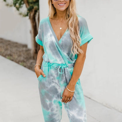Tie Dyed Printed V Neck Short Sleeved Jumpsuit