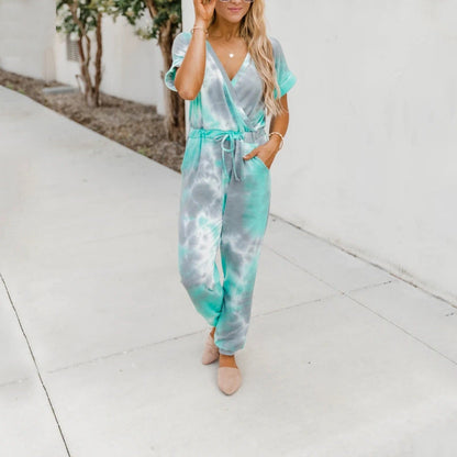 Tie Dyed Printed V Neck Short Sleeved Jumpsuit