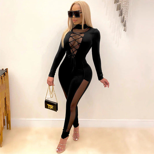 Lace Up Stitching See Through Long Sleeve Jumpsuit
