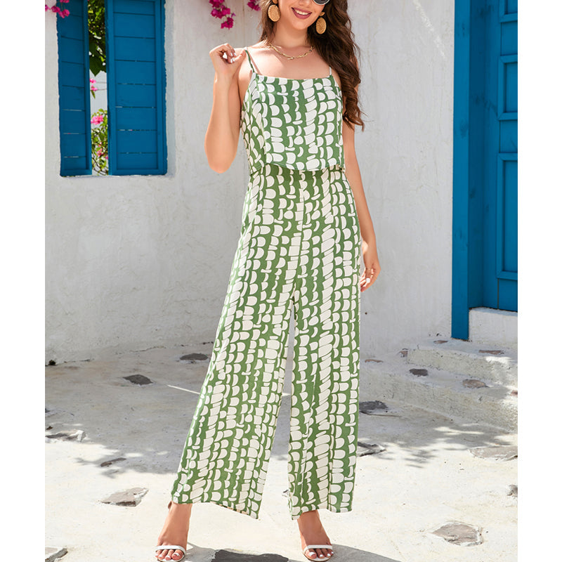Summer Cotton Printed High Waist Camisole Wide Leg Pants Sanya Beach Vacation Pants