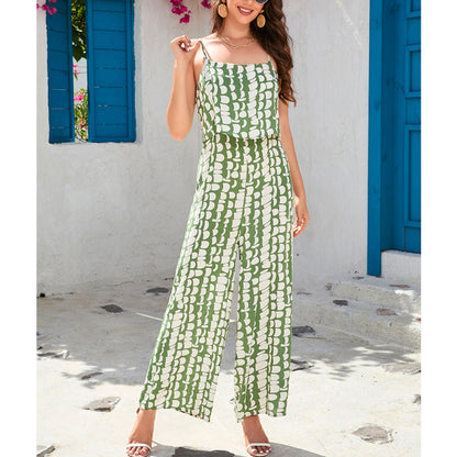 Summer Cotton Printed High Waist Camisole Wide Leg Pants Sanya Beach Vacation Pants
