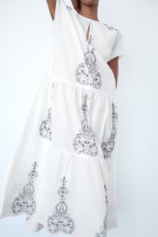 Summer Clothing Cotton Contrast Color Embroidery Midi Dress
