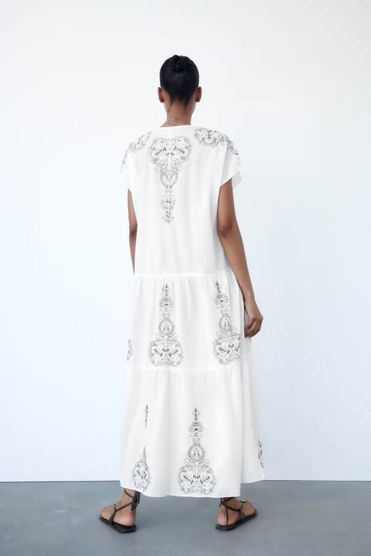 Summer Clothing Cotton Contrast Color Embroidery Midi Dress