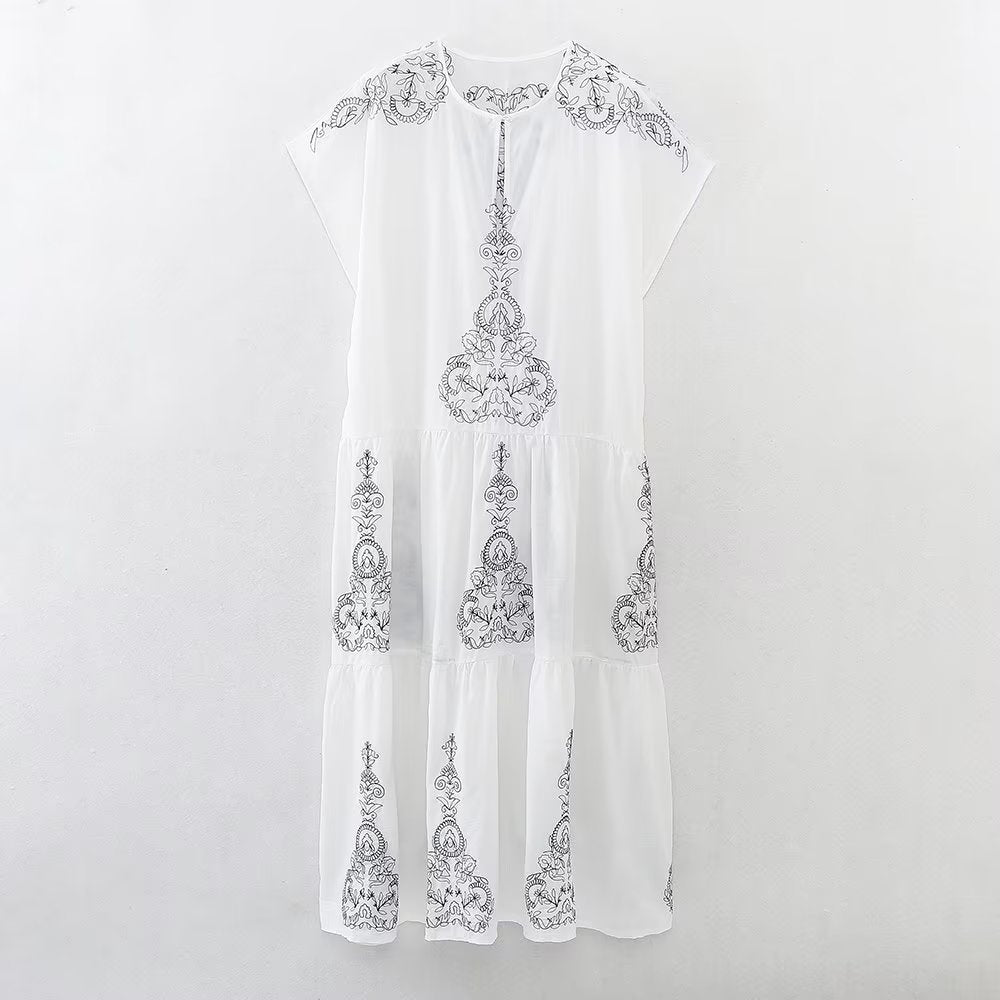 Summer Clothing Cotton Contrast Color Embroidery Midi Dress