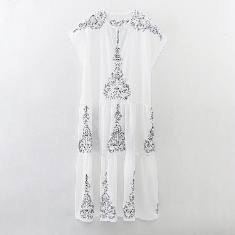 Summer Clothing Cotton Contrast Color Embroidery Midi Dress
