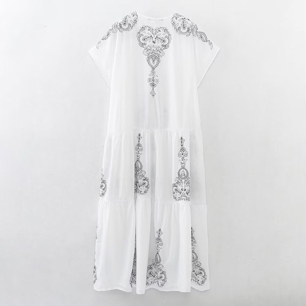 Summer Clothing Cotton Contrast Color Embroidery Midi Dress
