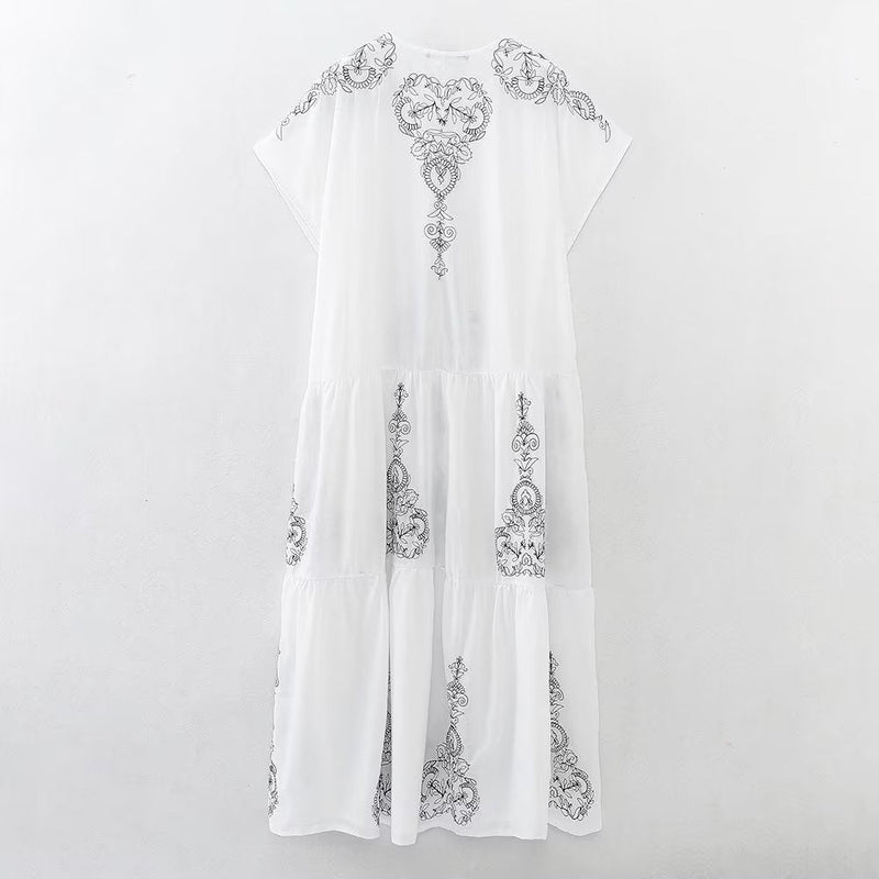 Summer Clothing Cotton Contrast Color Embroidery Midi Dress