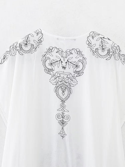 Summer Clothing Cotton Contrast Color Embroidery Midi Dress