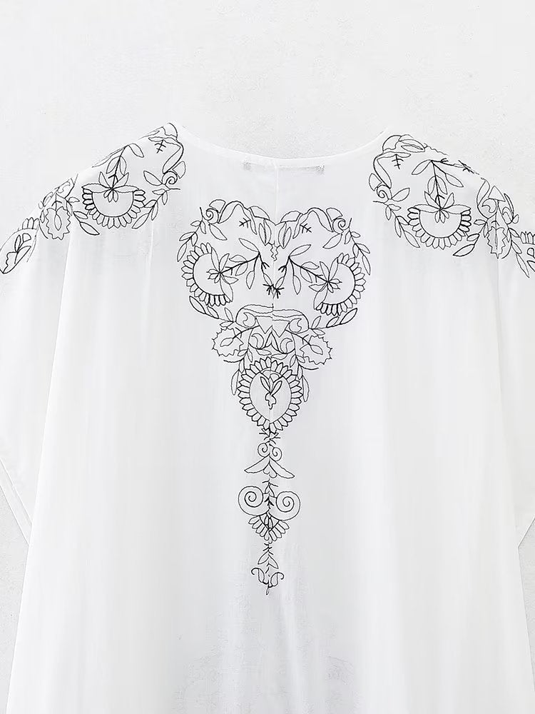 Summer Clothing Cotton Contrast Color Embroidery Midi Dress