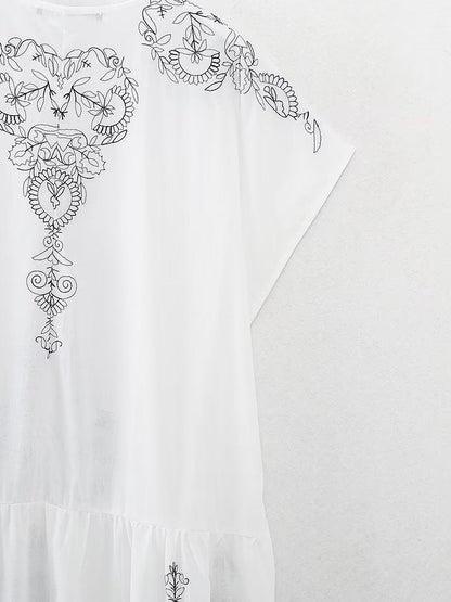 Summer Clothing Cotton Contrast Color Embroidery Midi Dress