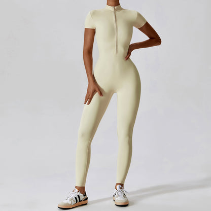 Zipper Short Sleeve Nude Feel Yoga Jumpsuit Outer Wear Fitness Sports One Piece Tights
