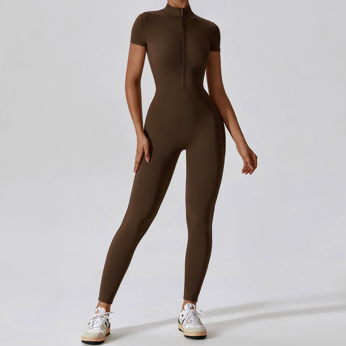Zipper Short Sleeve Nude Feel Yoga Jumpsuit Outer Wear Fitness Sports One Piece Tights