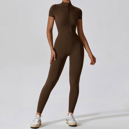 Zipper Short Sleeve Nude Feel Yoga Jumpsuit Outer Wear Fitness Sports One Piece Tights