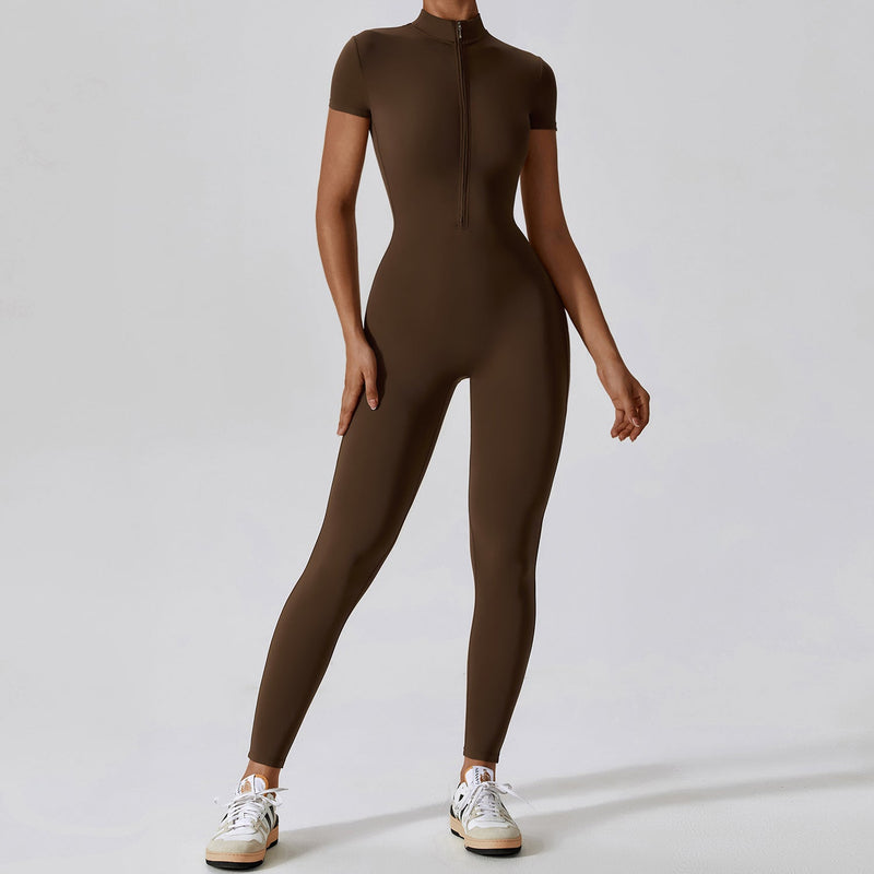 Zipper Short Sleeve Nude Feel Yoga Jumpsuit Outer Wear Fitness Sports One Piece Tights