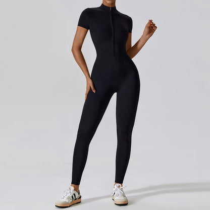 Zipper Short Sleeve Nude Feel Yoga Jumpsuit Outer Wear Fitness Sports One Piece Tights