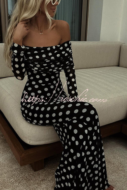 Statement Polka Dot Print Off Shoulder Ruched Stretch Maxi Dress