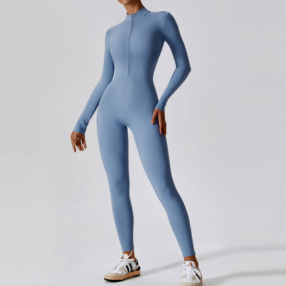 Zipper Nude Feel Long Sleeve Yoga Jumpsuit High Strength Fitness One Piece Tights