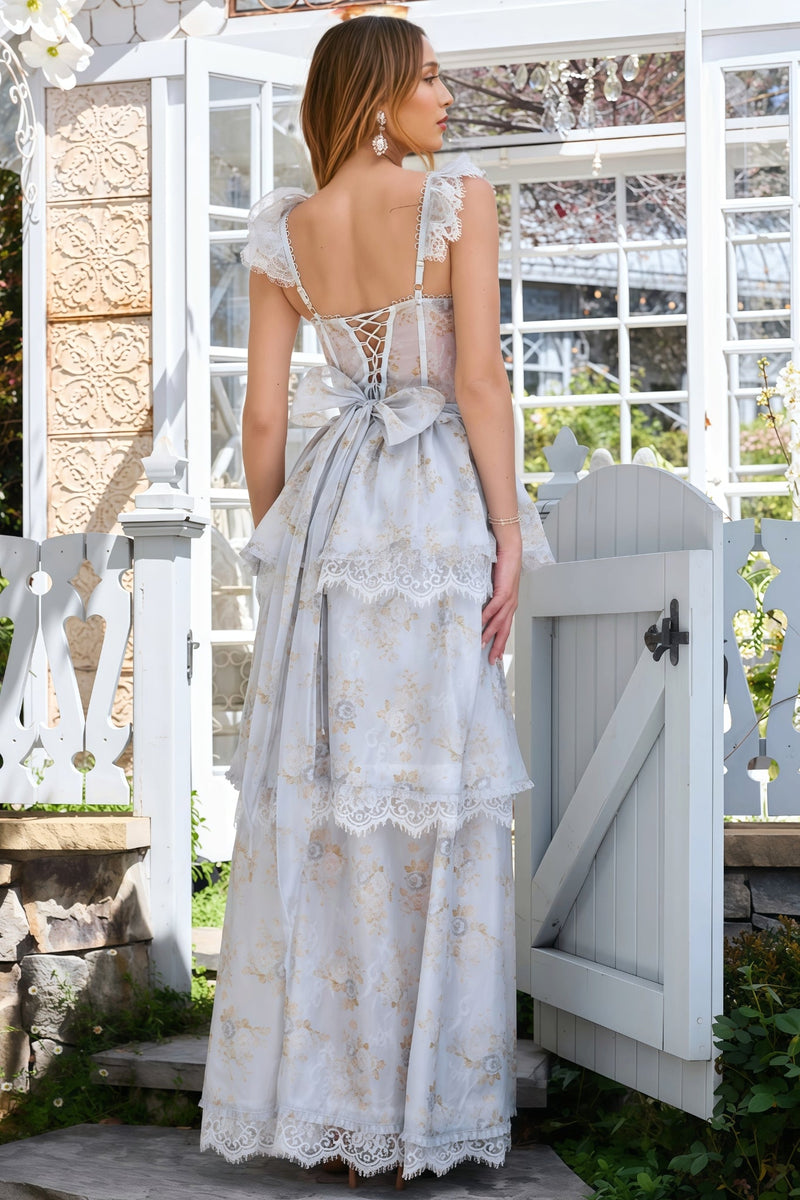 Brion Blue Lace Print Maxi Dress
