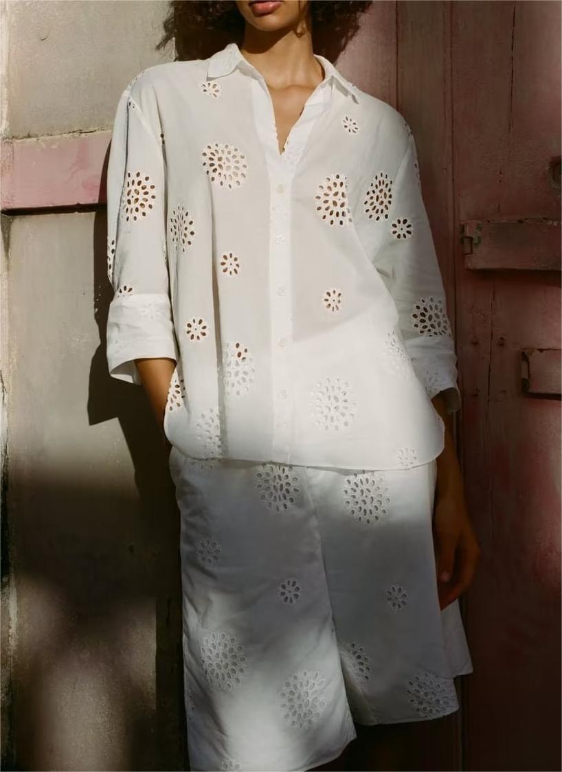 Suit White V Neck Hollow Out Cutout Embroidered Half Sleeve Shirt High Waist Hollow Out Cutout Shorts