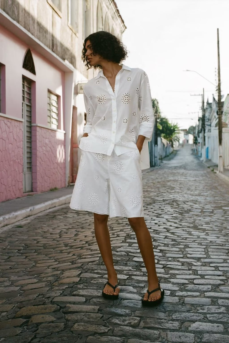 Suit White V Neck Hollow Out Cutout Embroidered Half Sleeve Shirt High Waist Hollow Out Cutout Shorts