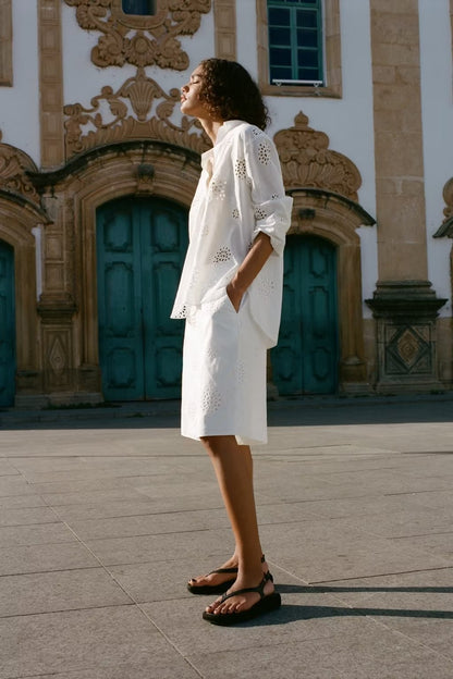 Suit White V Neck Hollow Out Cutout Embroidered Half Sleeve Shirt High Waist Hollow Out Cutout Shorts