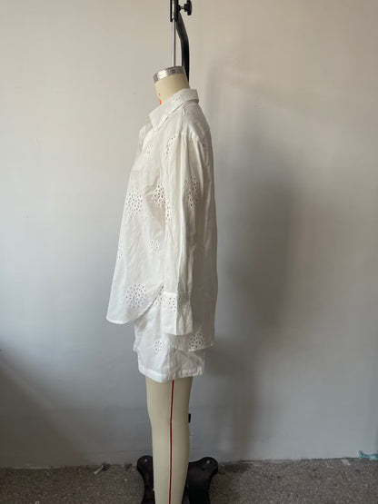 Suit White V Neck Hollow Out Cutout Embroidered Half Sleeve Shirt High Waist Hollow Out Cutout Shorts