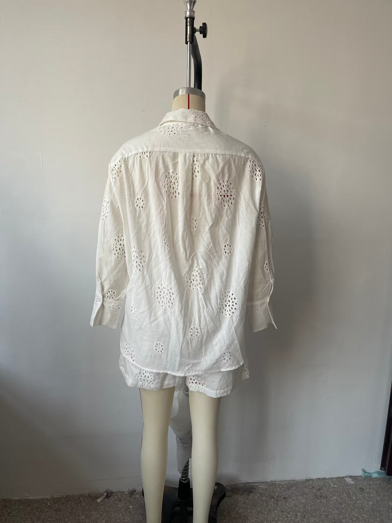 Suit White V Neck Hollow Out Cutout Embroidered Half Sleeve Shirt High Waist Hollow Out Cutout Shorts