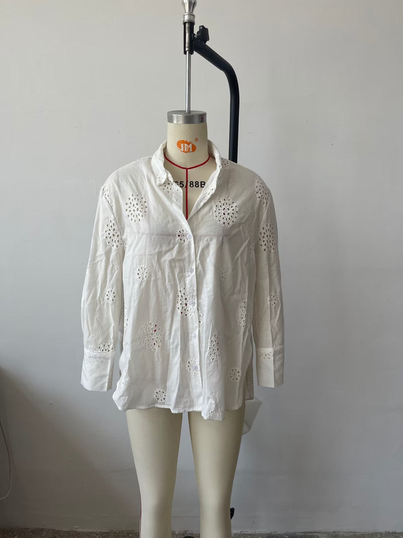 Suit White V Neck Hollow Out Cutout Embroidered Half Sleeve Shirt High Waist Hollow Out Cutout Shorts