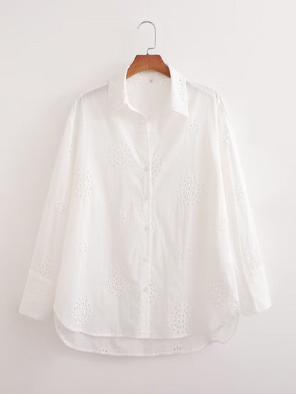 Suit White V Neck Hollow Out Cutout Embroidered Half Sleeve Shirt High Waist Hollow Out Cutout Shorts