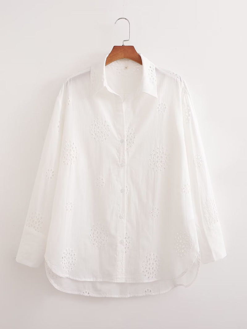 Suit White V Neck Hollow Out Cutout Embroidered Half Sleeve Shirt High Waist Hollow Out Cutout Shorts