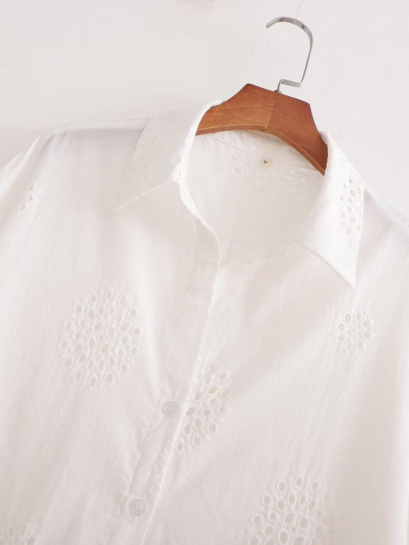 Suit White V Neck Hollow Out Cutout Embroidered Half Sleeve Shirt High Waist Hollow Out Cutout Shorts