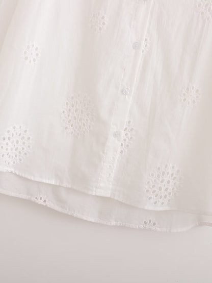 Suit White V Neck Hollow Out Cutout Embroidered Half Sleeve Shirt High Waist Hollow Out Cutout Shorts