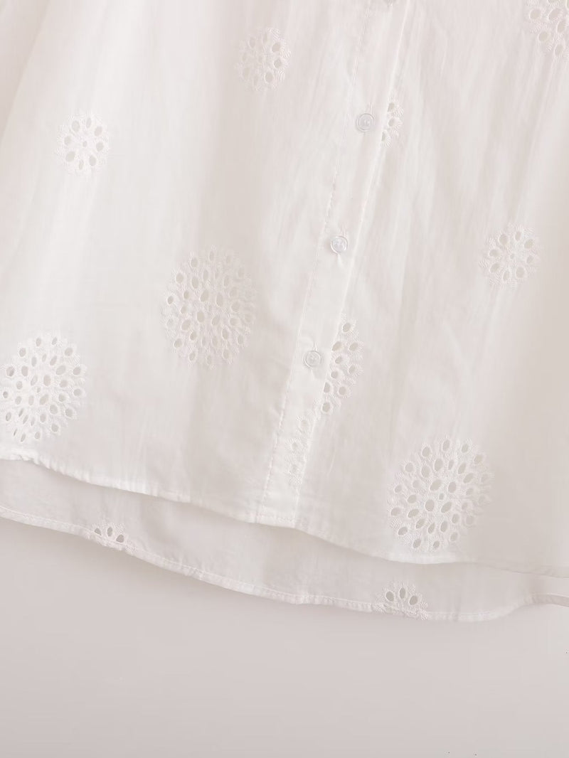 Suit White V Neck Hollow Out Cutout Embroidered Half Sleeve Shirt High Waist Hollow Out Cutout Shorts