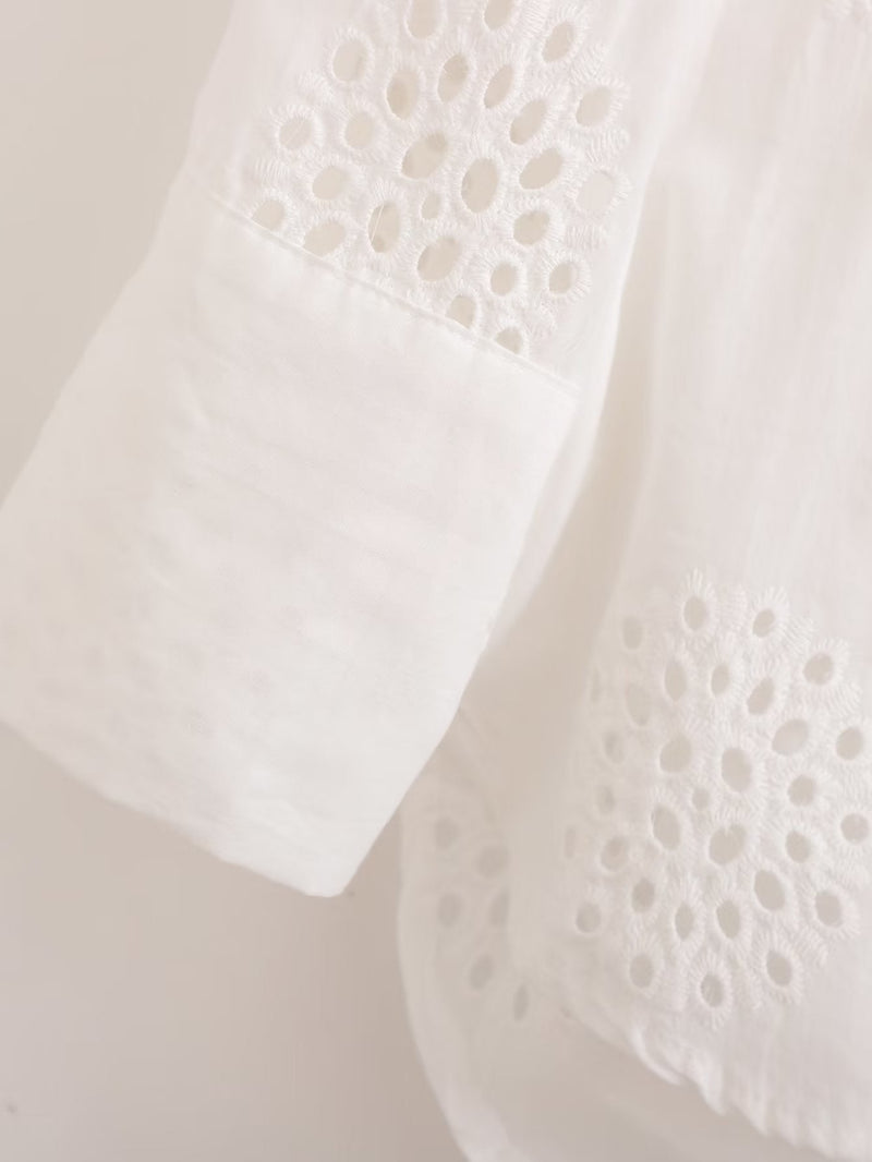 Suit White V Neck Hollow Out Cutout Embroidered Half Sleeve Shirt High Waist Hollow Out Cutout Shorts