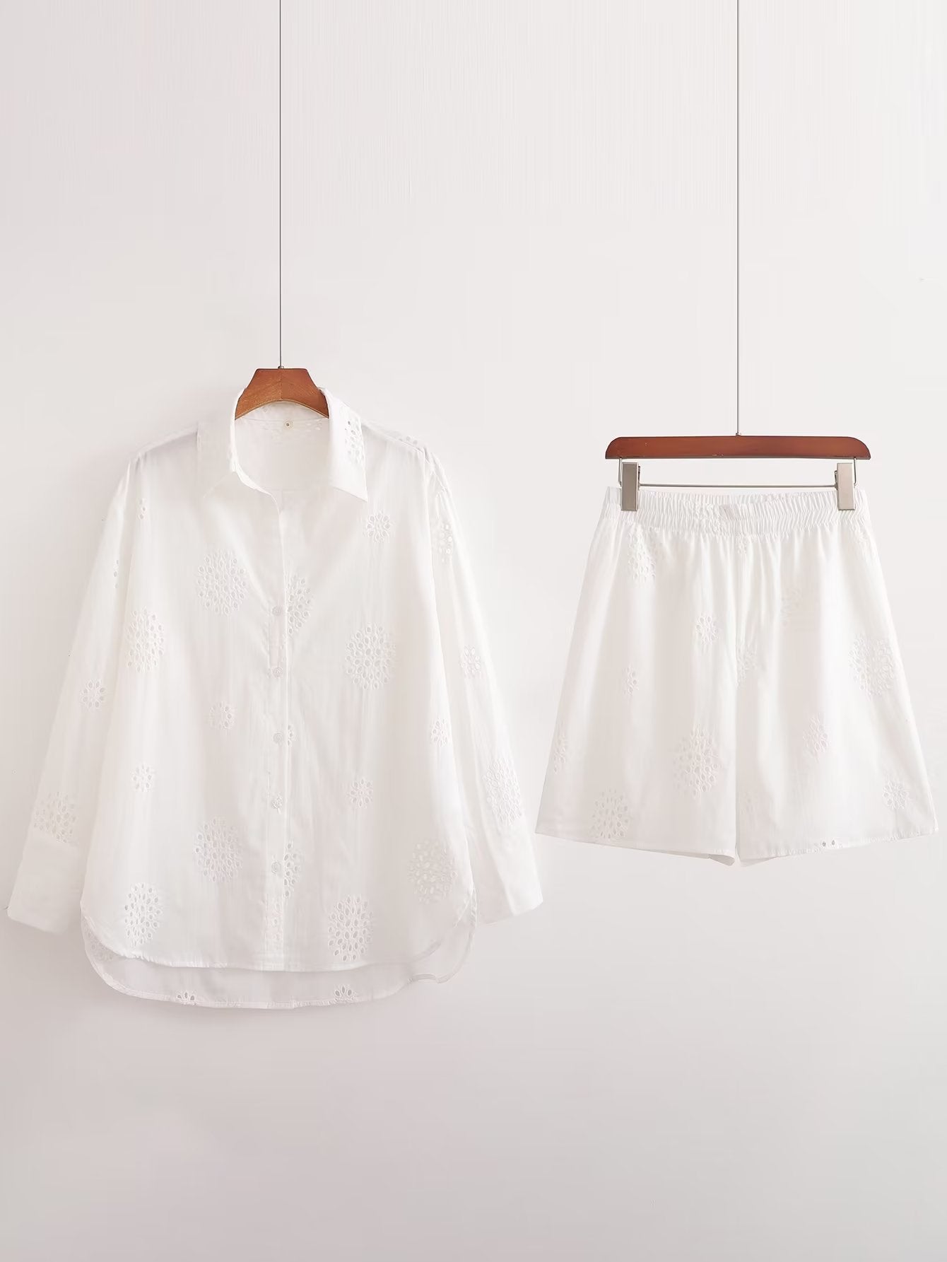 Suit White V Neck Hollow Out Cutout Embroidered Half Sleeve Shirt High Waist Hollow Out Cutout Shorts