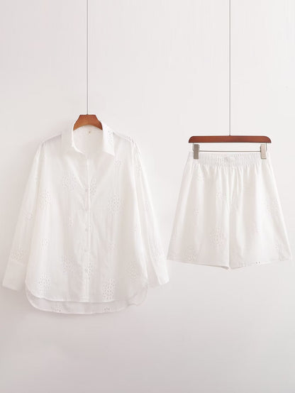 Suit White V Neck Hollow Out Cutout Embroidered Half Sleeve Shirt High Waist Hollow Out Cutout Shorts