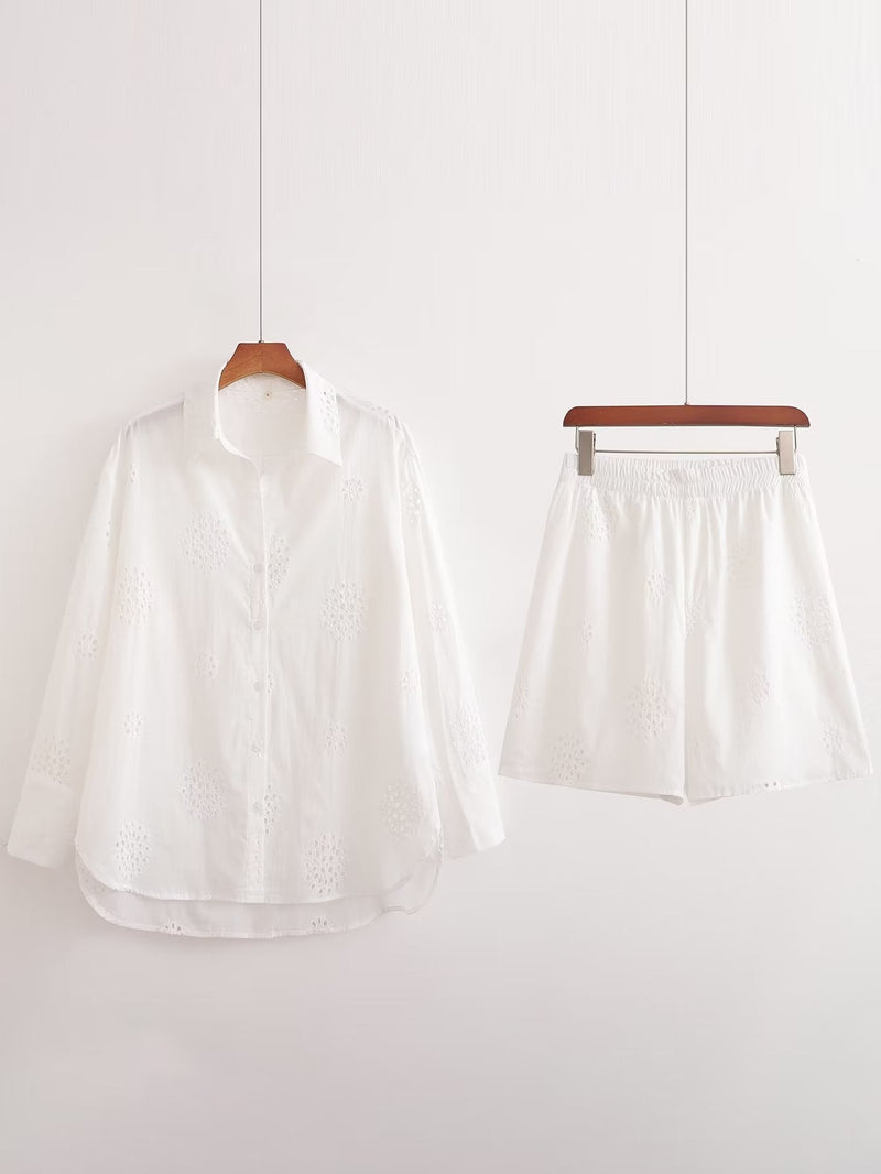 Suit White V Neck Hollow Out Cutout Embroidered Half Sleeve Shirt High Waist Hollow Out Cutout Shorts