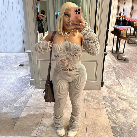 Clothing Autumn Winter Woolen Oversleeve Halter Lace Up Hollow Out Cutout Jumpsuit Pile Pants