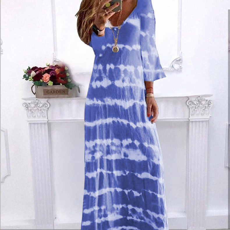 Summer New Loose Striped V Neck Pullover Printed Dress Long Dress