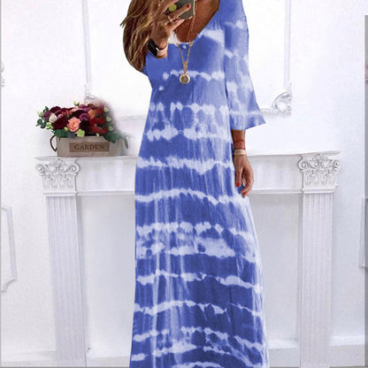 Summer New Loose Striped V Neck Pullover Printed Dress Long Dress