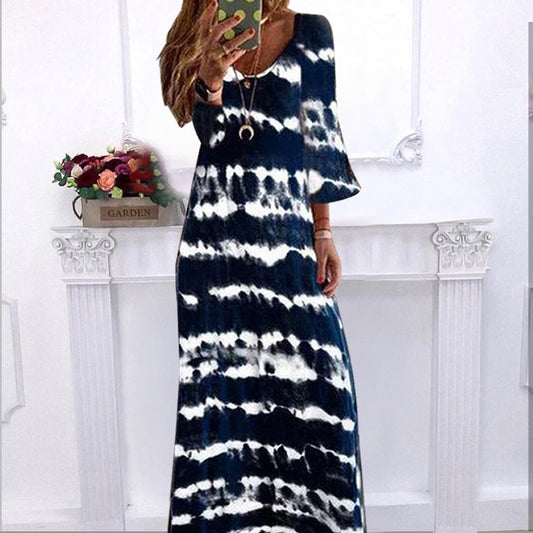 Summer New Loose Striped V Neck Pullover Printed Dress Long Dress