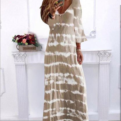 Summer New Loose Striped V Neck Pullover Printed Dress Long Dress