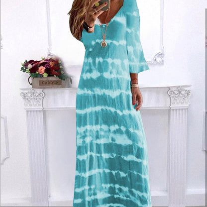 Summer New Loose Striped V Neck Pullover Printed Dress Long Dress