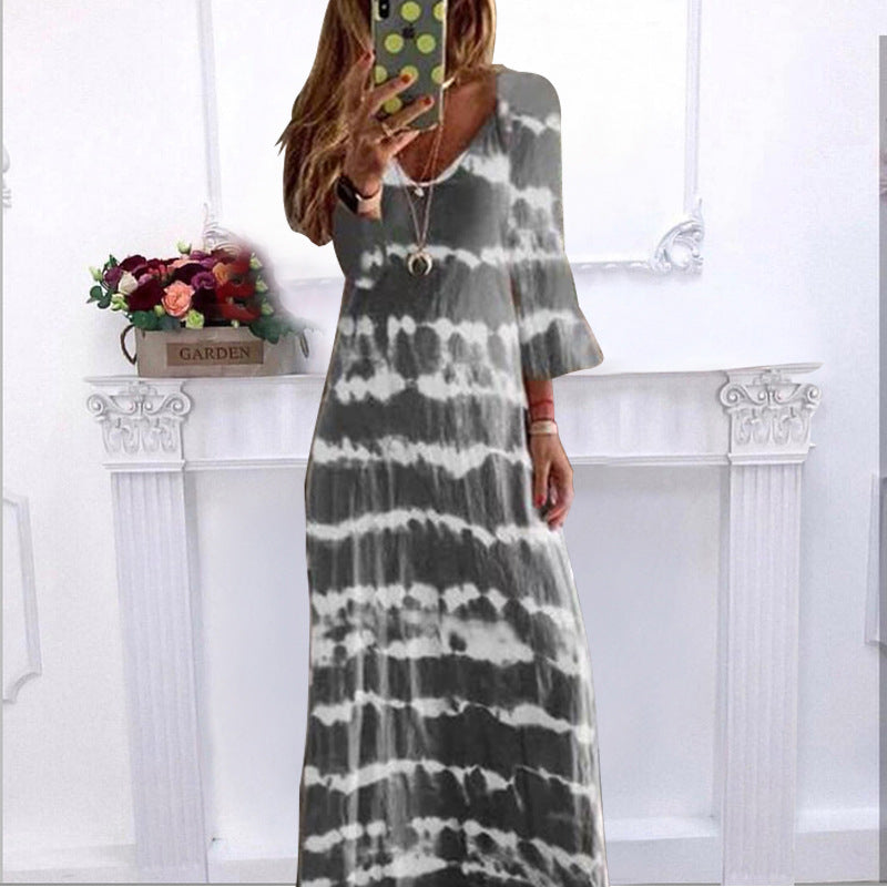 Summer New Loose Striped V Neck Pullover Printed Dress Long Dress